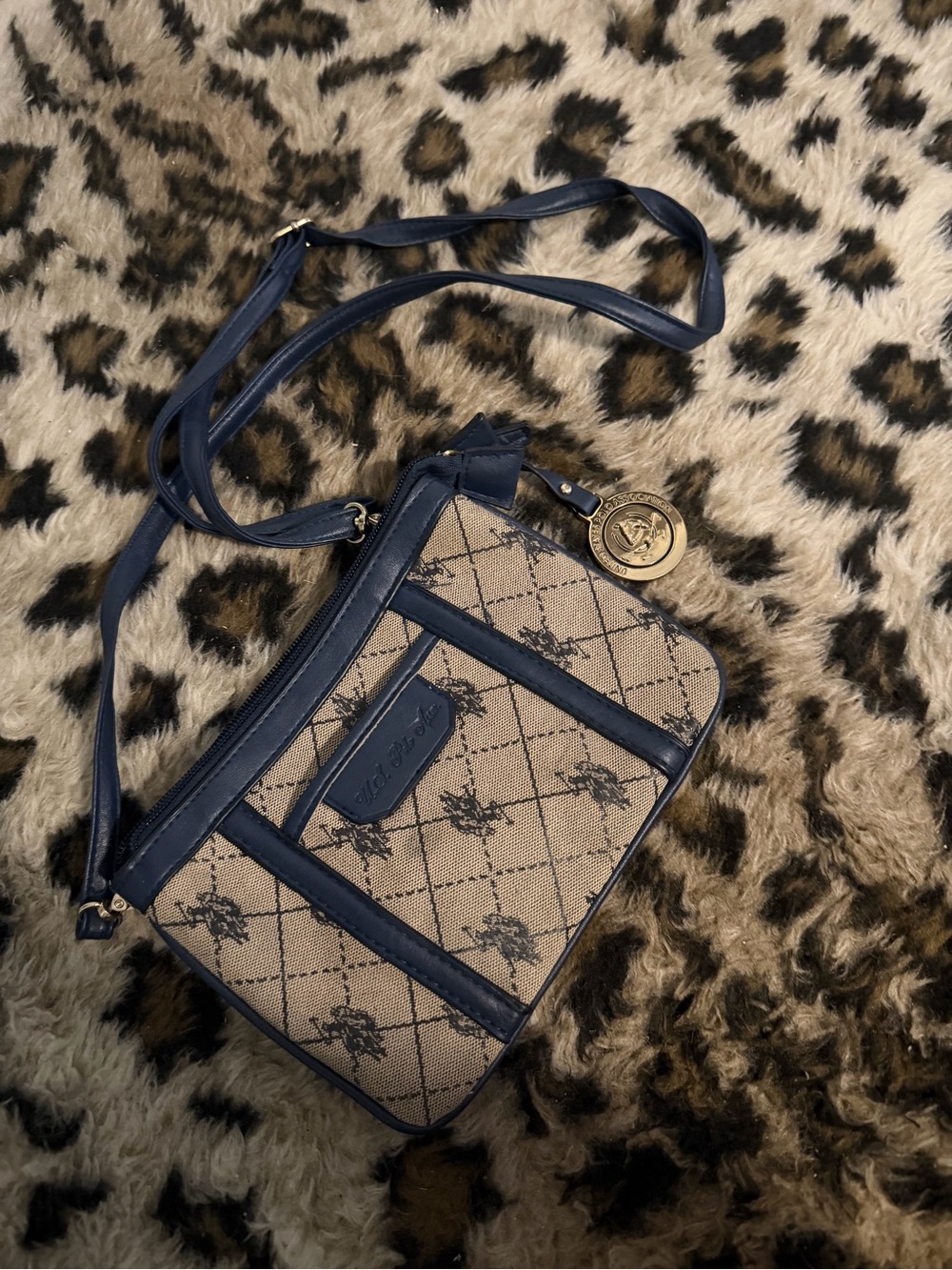 U.S. Polo Assn. Navy and Beige Crossbody Shoulder Bag with Medallion